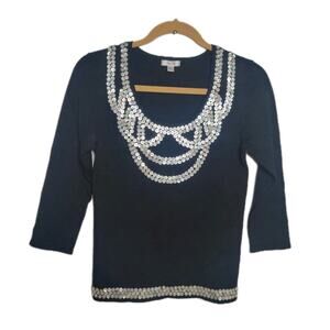 Vtg Cache Women's Pullover Blouse Size M Silk Blend Black Sequin Beaded Casual